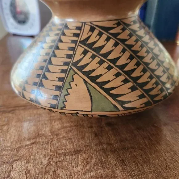 Mexican pottery pot tan geometric boho vintage home decor tribal ethnic handmade - Picture 4 of 6